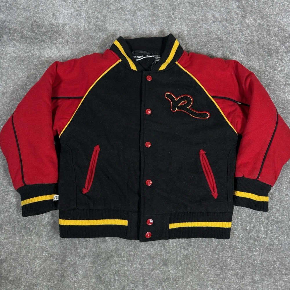 Rocawear Varsity Jacket Boys 7X Red Black Wool Blend Snap Embroidered Patch Logo